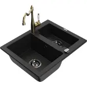 Mexen Carlos 1,5-Becken-Granitspüle mit Mischbatterie Carla, Schwarz - 6518-77-670700-50-B