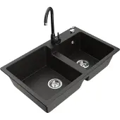 Mexen Tomas 2-Becken-Granitspüle mit Mischbatterie Telma, Schwarz/Gold metallisch - 6516-75-670200-70