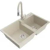 Mexen Tomas 2-Becken-Granitspüle mit Mischbatterie Savita, Beige - 6516-69-672601-69
