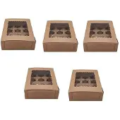 MaxPower 5 Stück Cupcake-Box mit Fenster, weiß-braune Kraftpapier-Boxen, Dessert-Mousse-Box, 12 Cupcake-Halter
