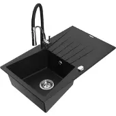 Mexen Cesar 1 Becken-Granitspüle mit Abtropffläche und Mischbatterie Aster, Schwarz - 6514-77-73450-07