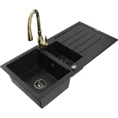 Mexen Andres 1,5-Becken-Granitspüle mit Abtropffläche und Mischbatterie Savita, Schwarz - 6515-77-672601-50-B