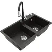 Mexen Tomas 2-Becken-Granitspüle mit Mischbatterie Savita, Schwarz/Gold metallisch - 6516-75-672601-70