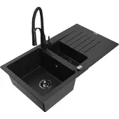 Mexen Matias 1,5-Becken-Granitspüle mit Abtropffläche und Mischbatterie Aster, Schwarz - 6502-77-73450-70-B