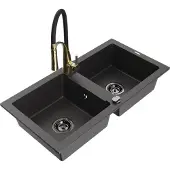 Mexen Mario 2-Becken-Granitspüle mit Mischbatterie Aster, Schwarz gesprenkelt - 6504-76-73450-57-B
