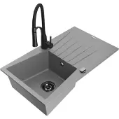 Mexen Cesar 1 Becken-Granitspüle mit Abtropffläche und Mischbatterie Aster, Grau - 6514-71-73450-70-B