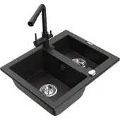Mexen Carlos 1,5-Becken-Granitspüle mit Mischbatterie Duero, Schwarz/Gold metallisch - 6518-75-671600-70
