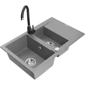 Mexen Gaspar 1,5-Becken-Granitspüle mit Abtropffläche und Mischbatterie Telma, Grau - 6507-71-670200-70