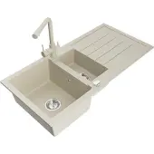 Mexen Andres 1,5-Becken-Granitspüle mit Abtropffläche und Mischbatterie Duero, Beige - 6515-69-671600-69
