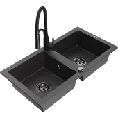 Mexen Mario 2-Becken-Granitspüle mit Mischbatterie Aster, Schwarz gesprenkelt - 6504-76-73450-70-B