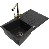 Mexen Cesar 1 Becken-Granitspüle mit Abtropffläche und Mischbatterie Duero, Schwarz - 6514-77-671600-50-B