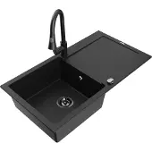 Mexen Leo 1 Becken-Granitspüle mit Abtropffläche und Mischbatterie Elia, Schwarz - 6501-77-670101-70-B