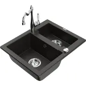 Mexen Carlos 1,5-Becken-Granitspüle mit Mischbatterie Carla, Schwarz/Gold metallisch - 6518-75-670700-00