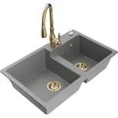 Mexen Tomas 2-Becken-Granitspüle mit Mischbatterie Savita, Grau - 6516-71-672601-50