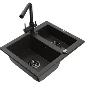 Mexen Carlos 1,5-Becken-Granitspüle mit Mischbatterie Duero, Schwarz/Gold metallisch - 6518-75-671600-70-B