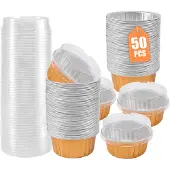 Tlily Dessertbecher mit Deckel, 50er-Pack Backhalter aus goldfarbener Aluminiumfolie