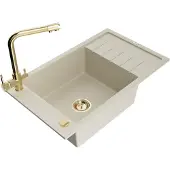 Mexen Elias 1 Becken-Granitspüle mit Abtropffläche und Mischbatterie Duero, Beige - 6511-69-671600-50
