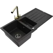 Mexen Andres 1,5-Becken-Granitspüle mit Abtropffläche und Mischbatterie Duero, Schwarz - 6515-77-671600-50-B