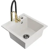 Mexen Matias 1,5-Becken-Granitspüle mit Abtropffläche und Mischbatterie Aster, Weiß - 6502-20-73450-57-B
