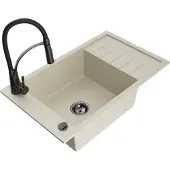 Mexen Elias 1 Becken-Granitspüle mit Abtropffläche und Mischbatterie Aster, Beige - 6511-69-73450-70-B