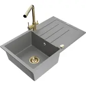 Mexen Bruno 1 Becken-Granitspüle mit Abtropffläche und Mischbatterie Duero, Grau - 6513-71-671600-50