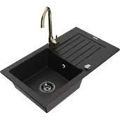 Mexen Pablo 1 Becken-Granitspüle mit Abtropffläche und Mischbatterie Telma, Schwarz - 6510-77-670200-50-B