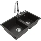 Mexen Tomas 2-Becken-Granitspüle mit Mischbatterie Savita, Schwarz/Gold metallisch - 6516-75-672601-00