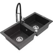 Mexen Mario 2-Becken-Granitspüle mit Mischbatterie Aster, Schwarz gesprenkelt - 6504-76-73450-07