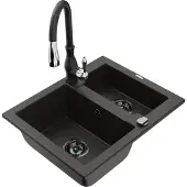 Mexen Carlos 1,5-Becken-Granitspüle mit Mischbatterie Savita, Schwarz/Gold metallisch - 6518-75-672601-70-B
