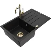 Mexen Bruno 1 Becken-Granitspüle mit Abtropffläche und Mischbatterie Carla, Schwarz - 6513-77-670700-50