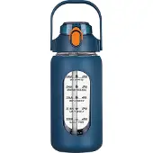 Tlily 64Oz Glaswasserflaschen mit Strohhalm, Flasche Marineblau