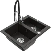 Mexen Carlos 1-Becken-Granit-Spüle mit Mischbatterie Aster, Schwarz/Gold metallisch - 6518-75-73450-07