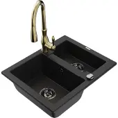 Mexen Carlos 1,5-Becken-Granitspüle mit Mischbatterie Savita, Schwarz - 6518-77-672601-50-B