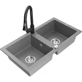 Mexen Mario 2-Becken-Granitspüle mit Mischbatterie Elia, Grau - 6504-71-670101-70