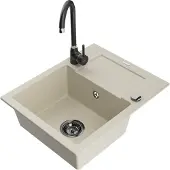 Mexen Enzo 1 Becken-Granitspüle mit Abtropffläche und Mischbatterie Telma, Beige - 6506-69-670200-70