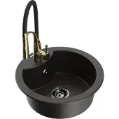 Mexen Diego 1-Becken-Granit-Spüle mit Mischbatterie Aster, Schwarz/Gold metallisch - 6512-75-73450-57-B