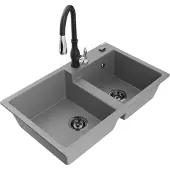 Mexen Tomas 2-Becken-Granitspüle mit Mischbatterie Savita, Grau - 6516-71-672601-70-B
