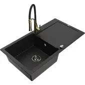 Mexen Leo 1 Becken-Granitspüle mit Abtropffläche und Mischbatterie Aster, Schwarz - 6501-77-73450-57-B