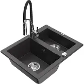 Mexen Carlos 1-Becken-Granit-Spüle mit Mischbatterie Aster, Schwarz gesprenkelt - 6518-76-73450-07