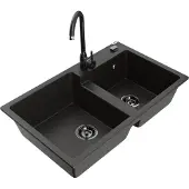 Mexen Tomas 2-Becken-Granitspüle mit Mischbatterie Telma, Schwarz/Gold metallisch - 6516-75-670200-70-B