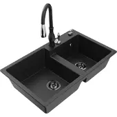 Mexen Tomas 2-Becken-Granitspüle mit Mischbatterie Savita, Schwarz/Silbermetallic - 6516-73-672601-70-B