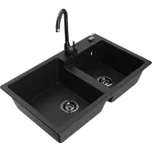 Mexen Tomas 2-Becken-Granitspüle mit Mischbatterie Telma, Schwarz - 6516-77-670200-70-B
