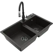 Mexen Tomas 2-Becken-Granitspüle mit Mischbatterie Savita, Schwarz/Gold metallisch - 6516-75-672601-70-B
