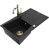 Mexen Cesar 1 Becken-Granitspüle mit Abtropffläche und Mischbatterie Carla, Schwarz - 6514-77-670700-50