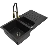 Mexen Matias 1,5-Becken-Granitspüle mit Abtropffläche und Mischbatterie Aster, Schwarz - 6502-77-73450-57-B