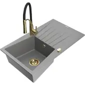 Mexen Cesar 1 Becken-Granitspüle mit Abtropffläche und Mischbatterie Aster, Grau - 6514-71-73450-57-G