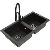 Mexen Mario 2-Becken-Granitspüle mit Mischbatterie Aster, Schwarz/Gold metallisch - 6504-75-73450-70-B
