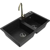 Mexen Tomas 2-Becken-Granitspüle mit Mischbatterie Telma, Schwarz - 6516-77-670200-50-B
