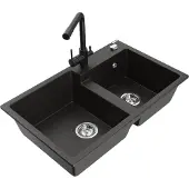 Mexen Tomas 2-Becken-Granitspüle mit Mischbatterie Duero, Schwarz/Gold metallisch - 6516-75-671600-70