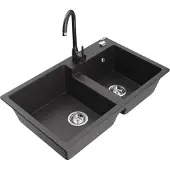Mexen Tomas 2-Becken-Granitspüle mit Mischbatterie Telma, Schwarz gesprenkelt - 6516-76-670200-76